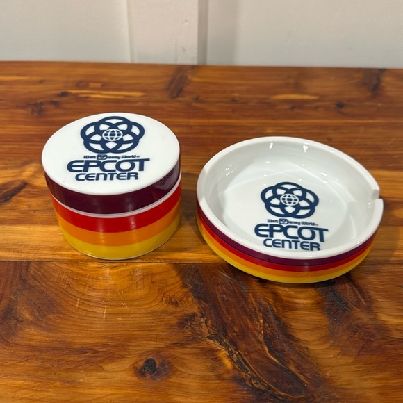 Vtg Walt Disney World Epcot Center Retro Ceramic Striped Trinket Box & Ashtray